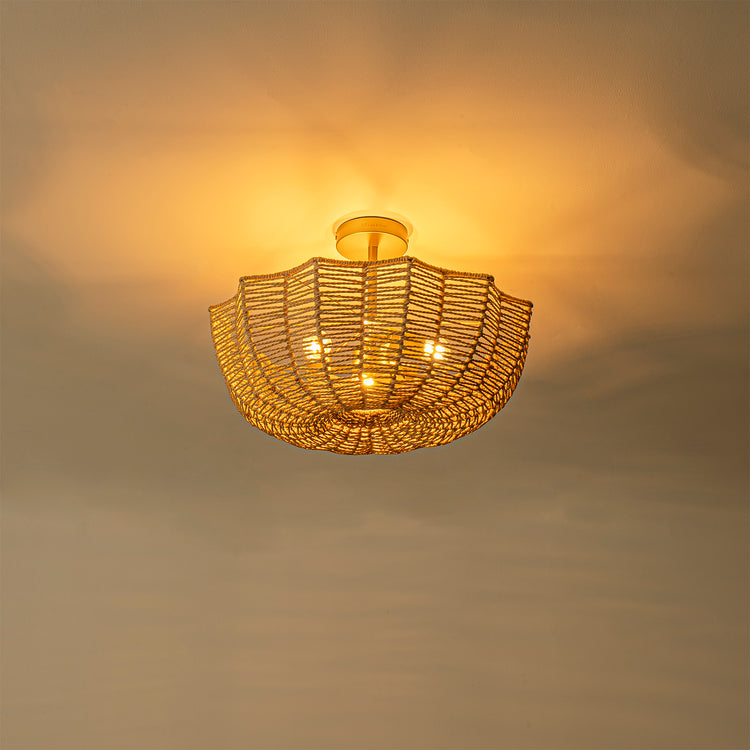 Marigold 3-Light 21 in. Wide Woven Semi Flush Mount Modern Scalloped Ceiling Light in Brass