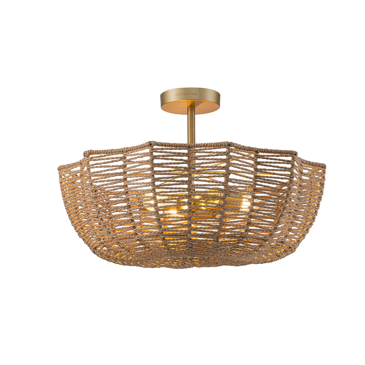 Marigold 3-Light 21 in. Wide Woven Semi Flush Mount Modern Scalloped Ceiling Light in Brass