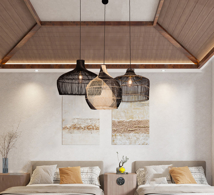 Two-Tone Rattan pendant lights, large wicker chandelier, hand-woven boho lighting