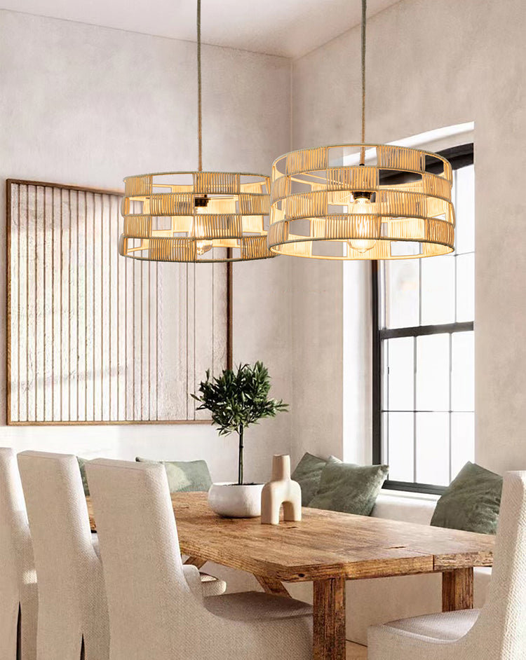 Plug In Wicker Rattan Natural Drum Pendant Light