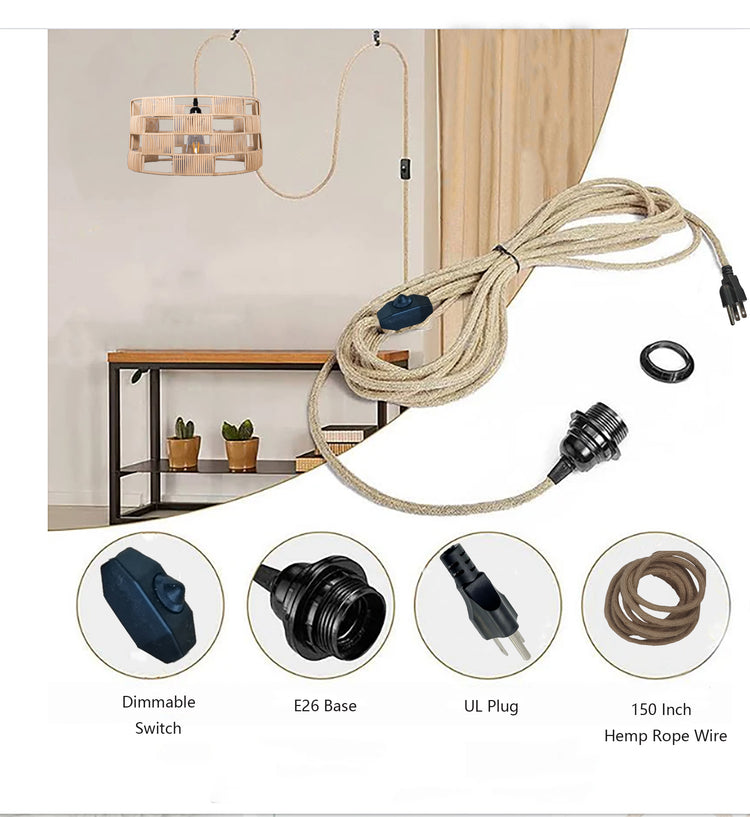 Plug In Wicker Rattan Natural Drum Pendant Light