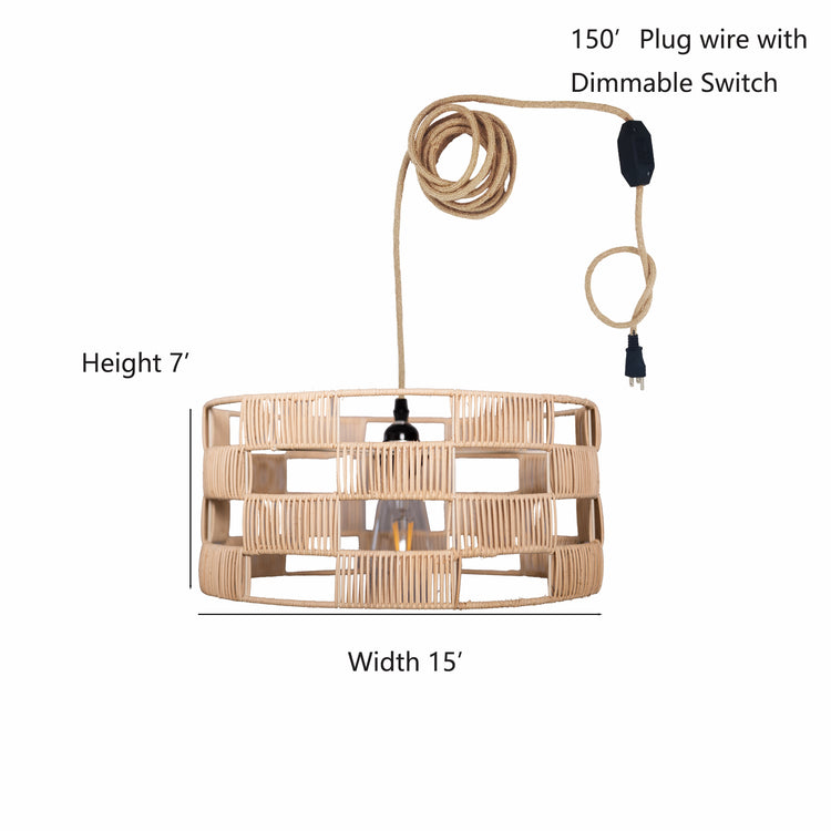 Plug In Wicker Rattan Natural Drum Pendant Light