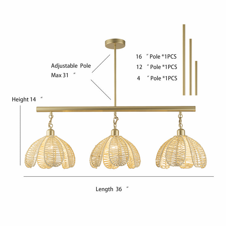 Cali 3-Light Wicker Flower Linear Pendant, Coastal Boho - Handwoven