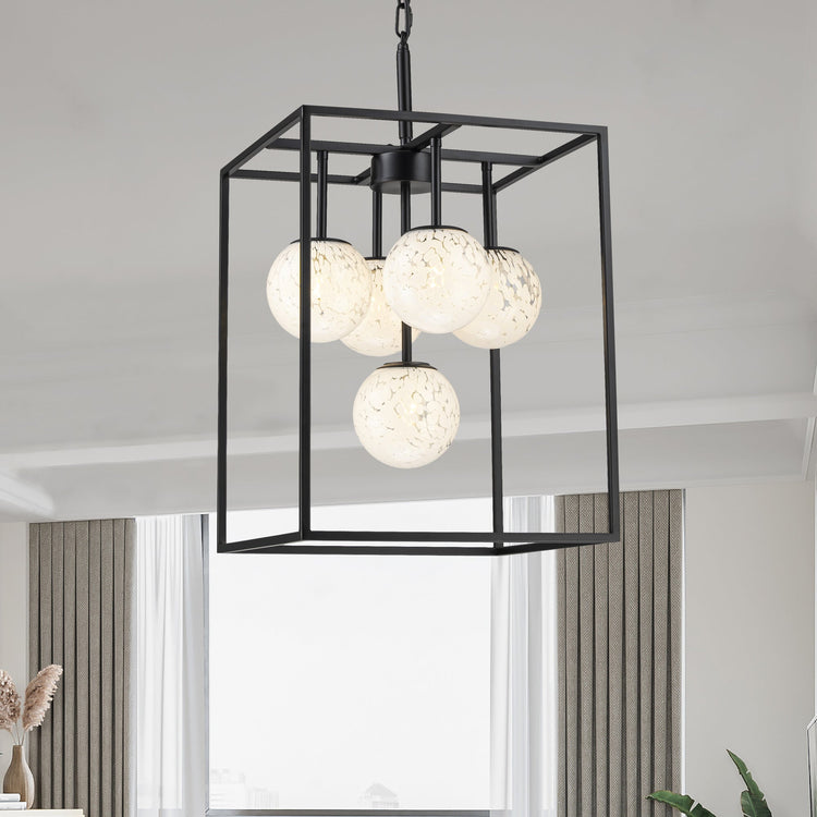 Diana 5-Light Contemporary Foyer Hall Lantern Chandelier Art Deco Marbleized Glass Shades in Matte Black, Bulbs Included