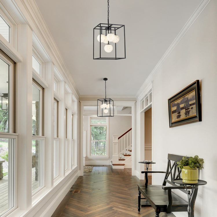 Diana 5-Light Contemporary Foyer Hall Lantern Chandelier Art Deco Marbleized Glass Shades in Matte Black, Bulbs Included