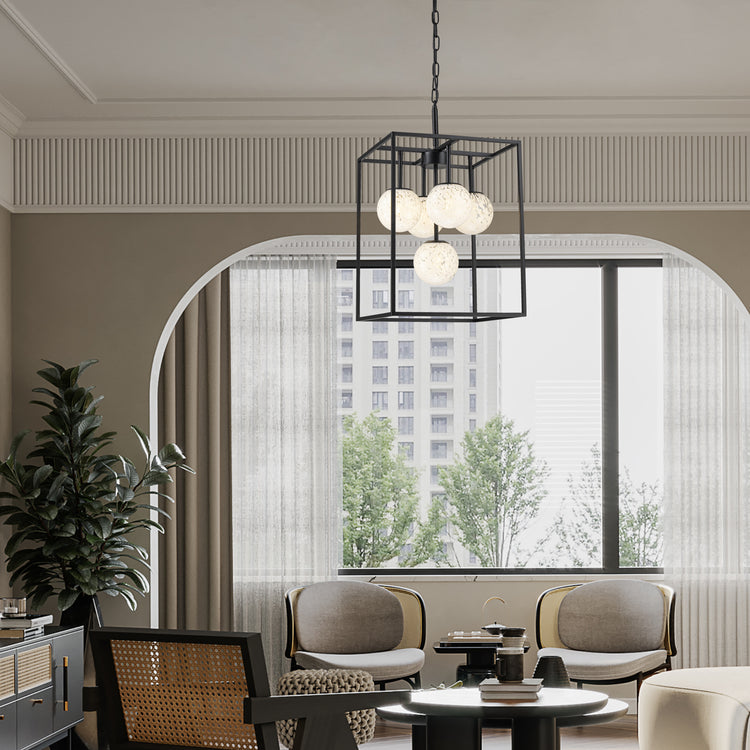 Diana 5-Light Contemporary Foyer Hall Lantern Chandelier Art Deco Marbleized Glass Shades in Matte Black, Bulbs Included