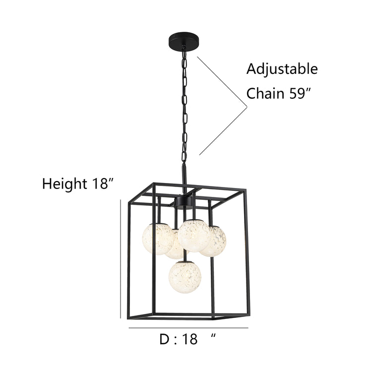 Diana 5-Light Contemporary Foyer Hall Lantern Chandelier Art Deco Marbleized Glass Shades in Matte Black, Bulbs Included