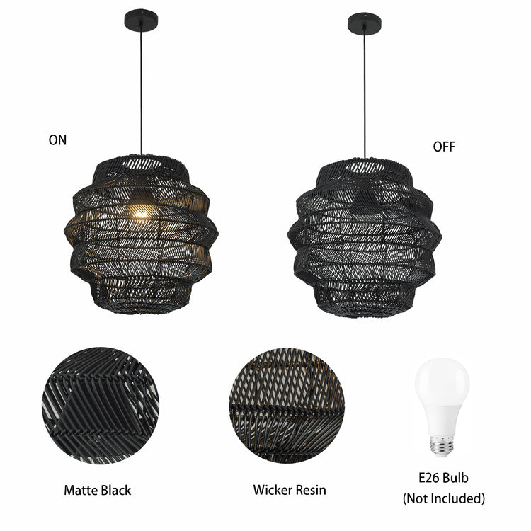 Cana 1-Light Wicker Outdoor Pendant, Coastal Boho Tiered Drum - Handwoven Matte Black