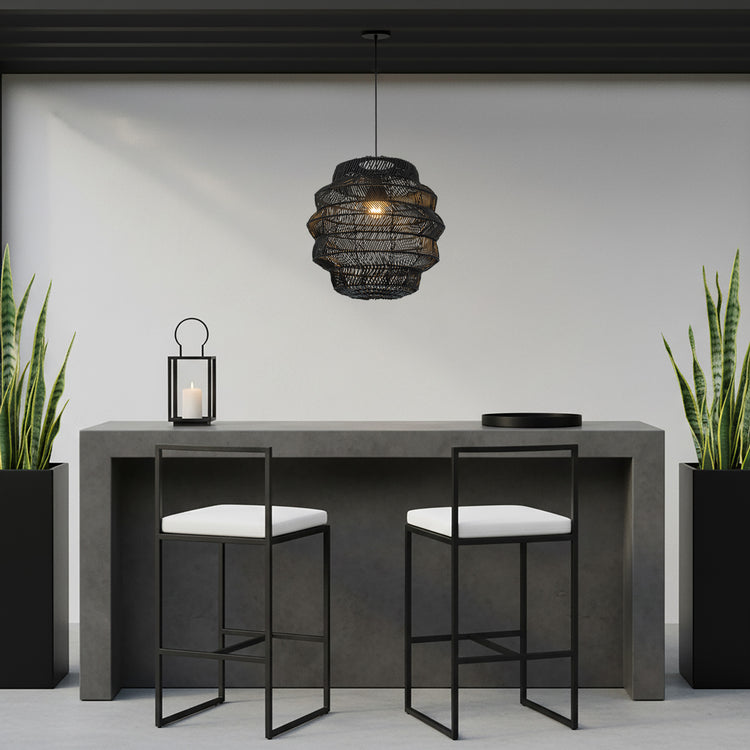Cana 1-Light Wicker Outdoor Pendant, Coastal Boho Tiered Drum - Handwoven Matte Black