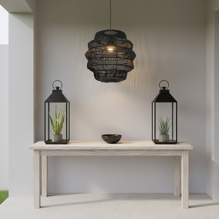 Cana 1-Light Wicker Outdoor Pendant, Coastal Boho Tiered Drum - Handwoven Matte Black