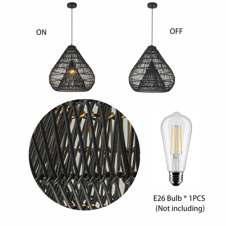Serina 1-Light Wicker Outdoor Pendant Light, Coastal Boho Style Dome - Handwoven Matte Black