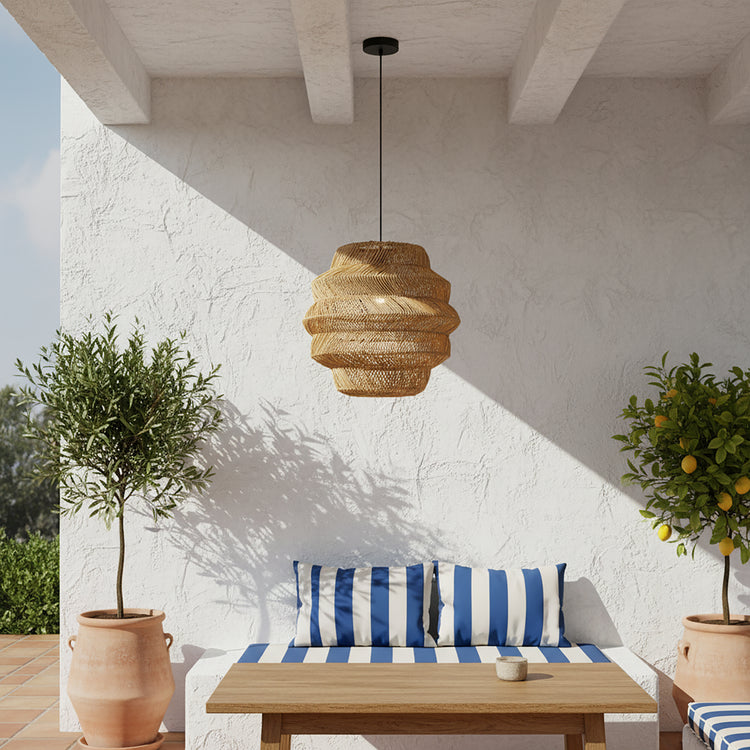 Cana 1-Light Wicker Outdoor Pendant, Coastal Boho Tiered Drum - Handwoven