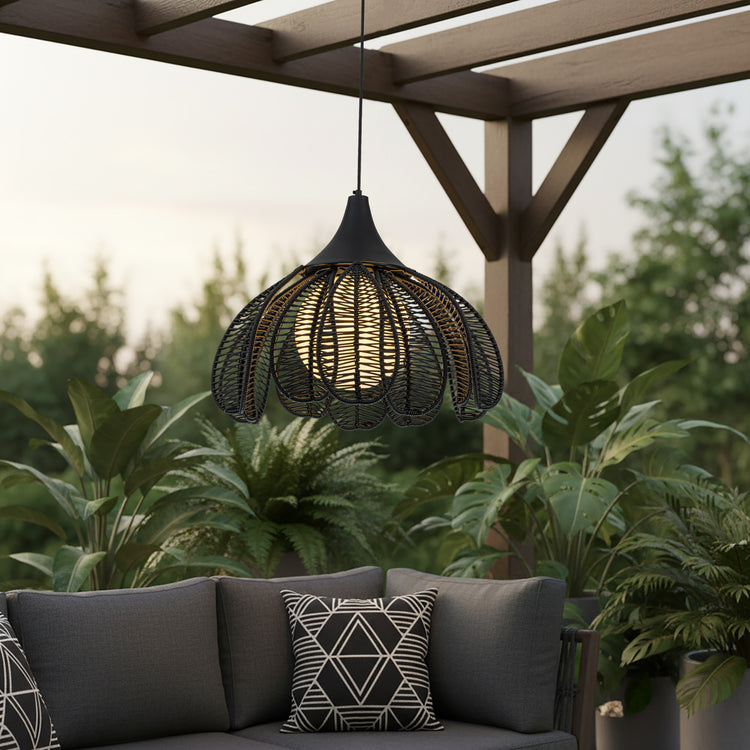 Kamala 1-Light Wicker Outdoor Pendant Light Coastal Boho Style Flower Handwoven Matte Black