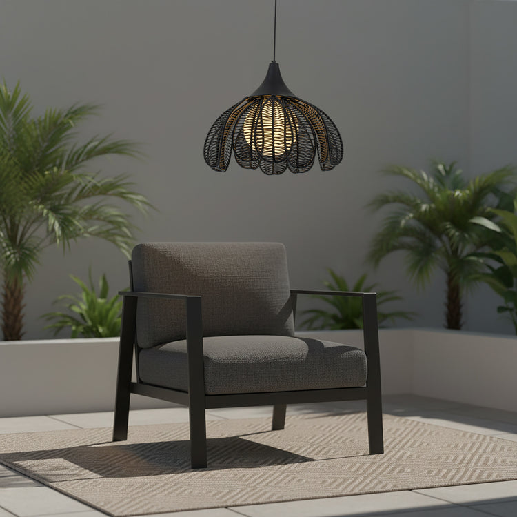 Kamala 1-Light Wicker Outdoor Pendant Light Coastal Boho Style Flower Handwoven Matte Black
