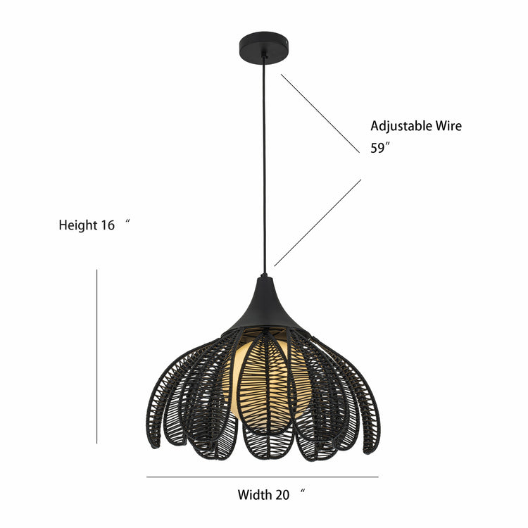Kamala 1-Light Wicker Outdoor Pendant Light Coastal Boho Style Flower Handwoven Matte Black