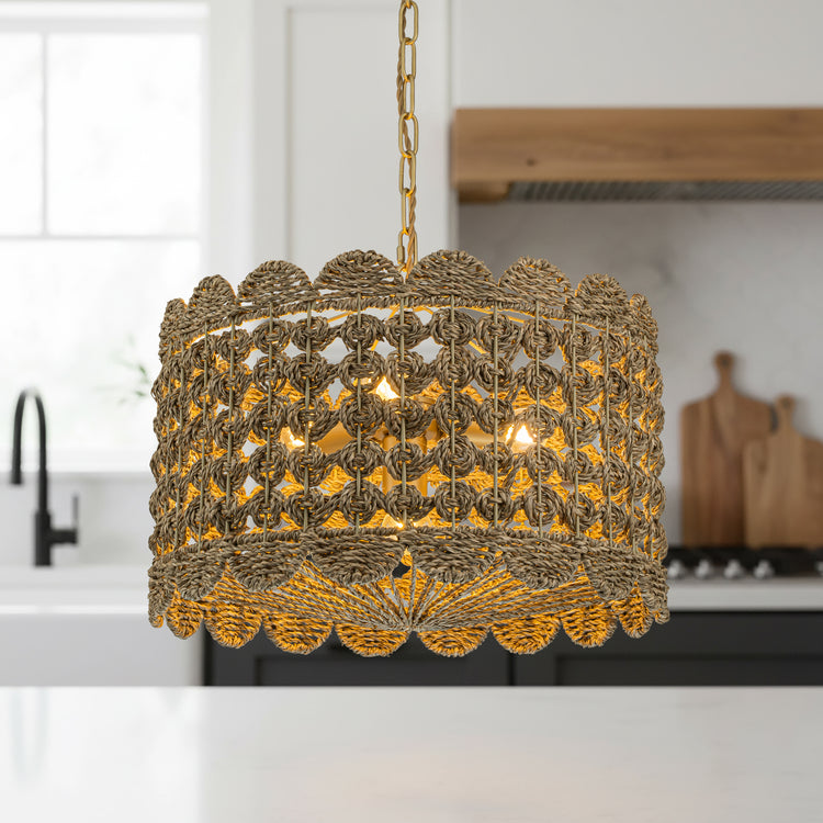 Riva Natural Seagrass Scalloped Pendant Light, Coastal Handwoven 4-Light Fixture