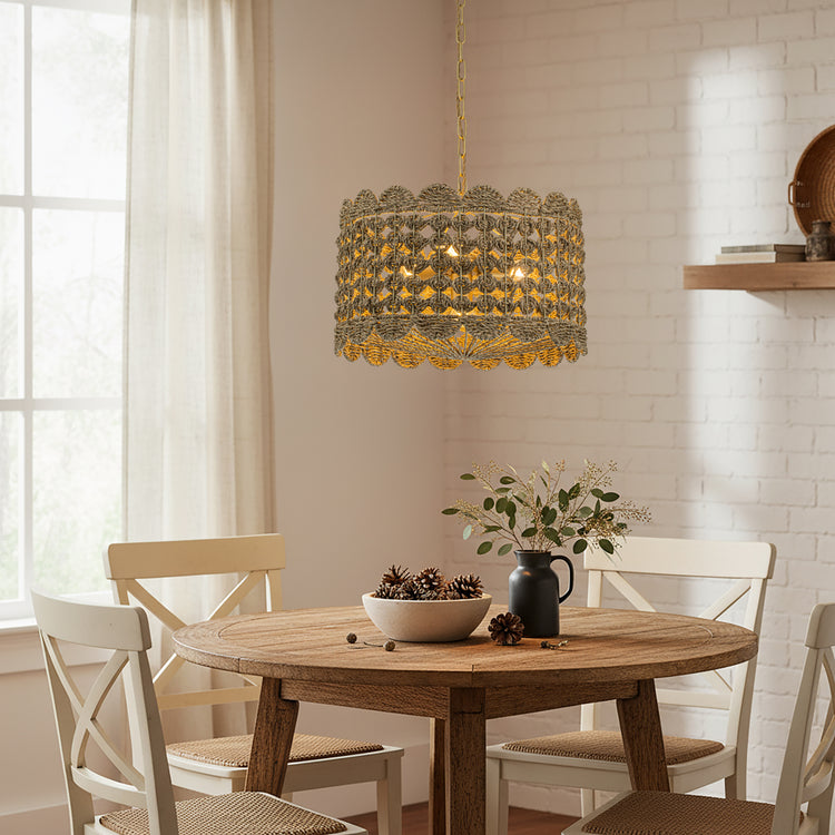 Riva Natural 4-Light Seagrass Scalloped Pendant, Coastal Boho - Handwoven