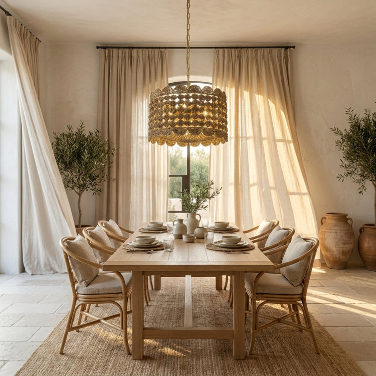 Riva Natural Seagrass Scalloped Pendant Light, Coastal Handwoven 4-Light Fixture