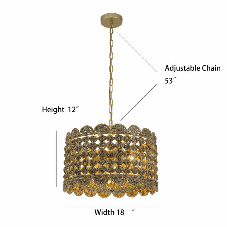 Riva Natural 4-Light Seagrass Scalloped Pendant, Coastal Boho - Handwoven