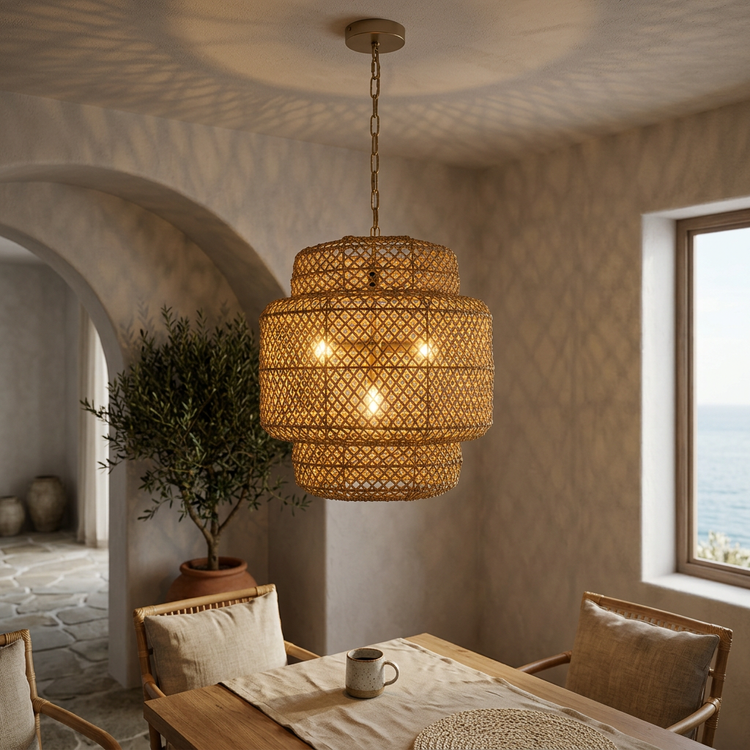 Clair 4-Light Rattan Tiered Pendant, Coastal Boho - Handwoven