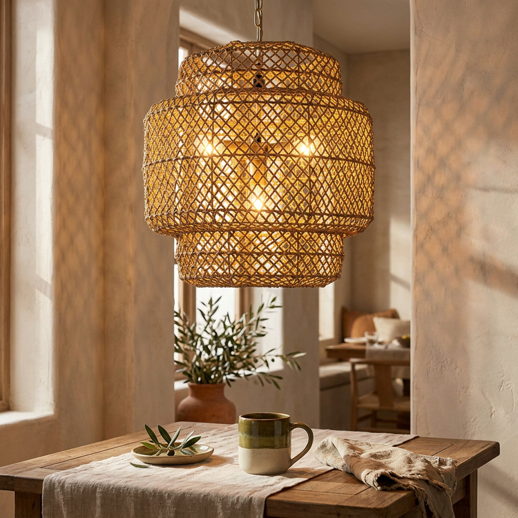 Clair 4-Light Rattan Tiered Pendant, Coastal Boho - Handwoven