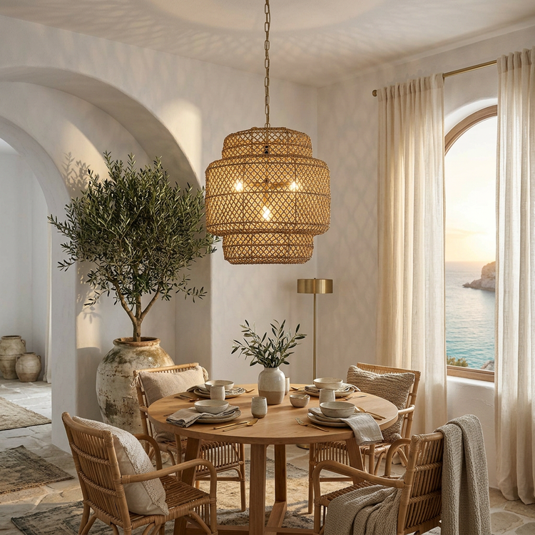 Clair 4-Light Rattan Tiered Pendant, Coastal Boho - Handwoven