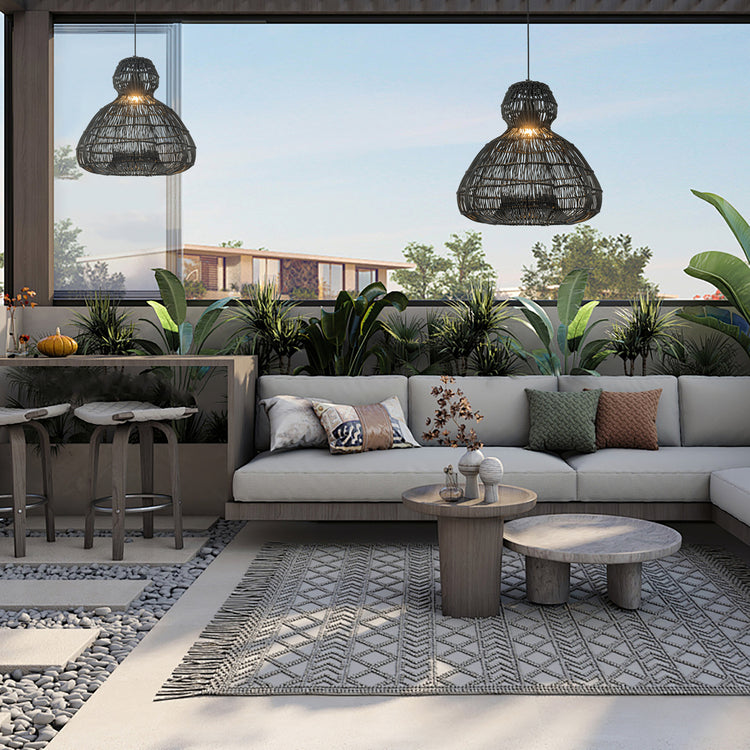 Ciel 1-Light Wicker Outdoor Pendant Light, Coastal Boho Style Scalloped- Handwoven Matte Black