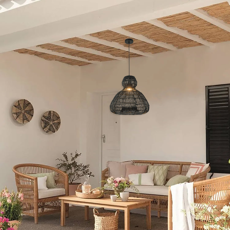 Ciel 1-Light Wicker Outdoor Pendant Light, Coastal Boho Style Scalloped- Handwoven Matte Black
