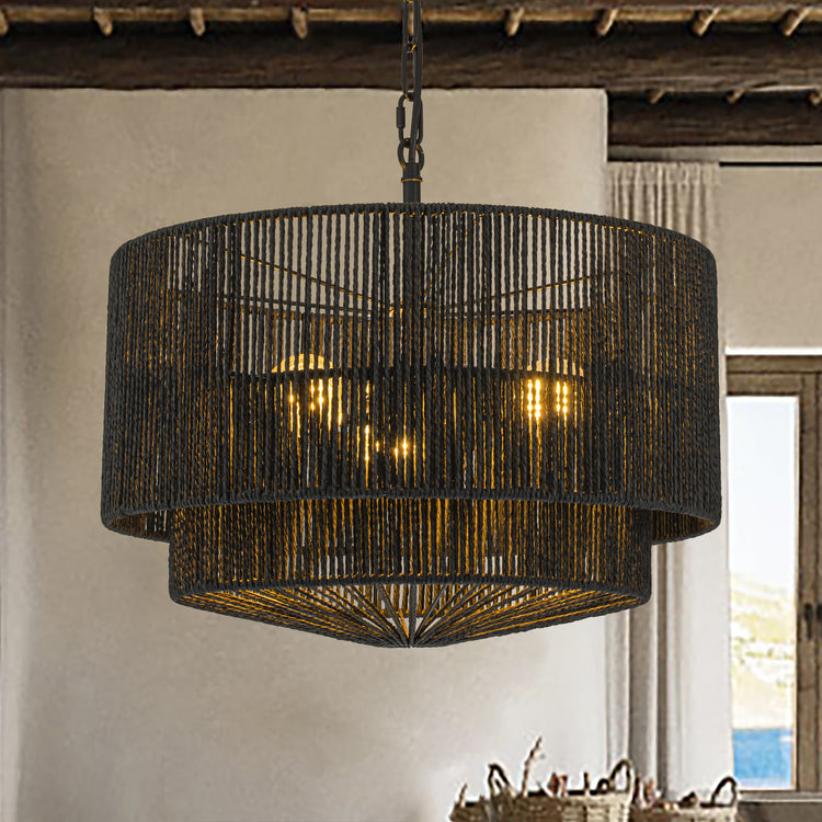 Armida 3-Light Rattan Rope Tiered Drum Pendant, Coastal Boho - Handwoven Black