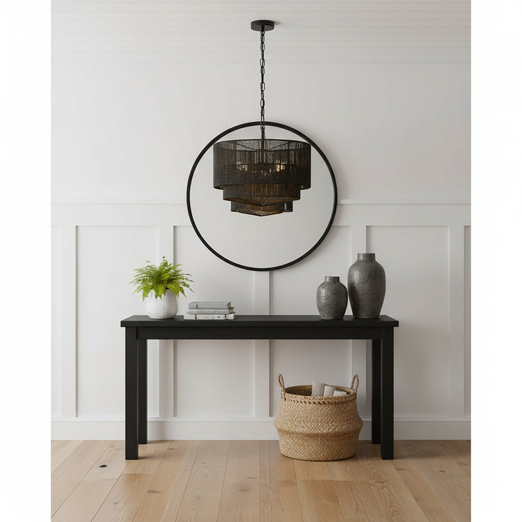 Armida 3-Light Rattan Rope Tiered Drum Pendant, Coastal Boho - Handwoven Black
