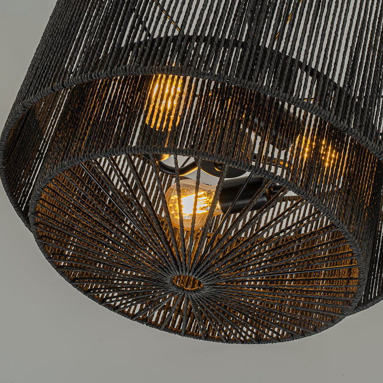Armida 3-Light Rattan Rope Tiered Drum Pendant, Coastal Boho - Handwoven Black
