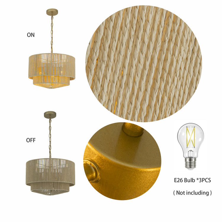 Armida 3-Light Rattan Rope Tiered Drum Pendant, Coastal Boho - Handwoven Beige