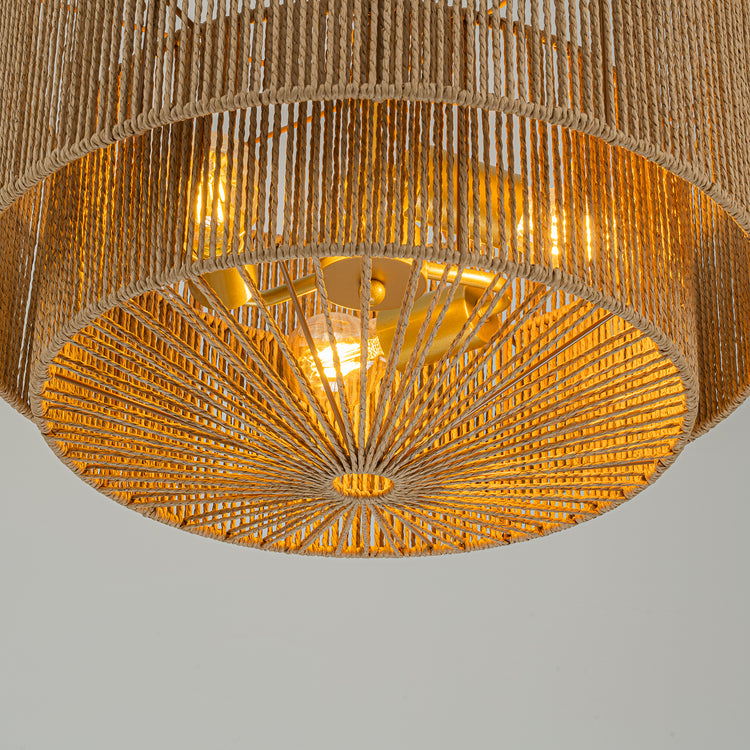 Armida 3-Light Rattan Rope Tiered Drum Pendant, Coastal Boho - Handwoven Brown