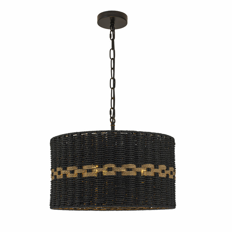 Kira 3-Light Rattan Rope Drum Pendant, Coastal Boho - Handwoven