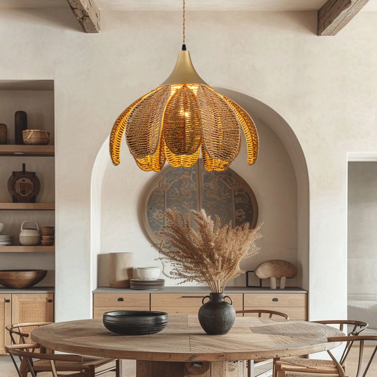 Kamala 1-Light Rattan Hemp Floral Pendant, Modern Coastal Boho - Handwoven