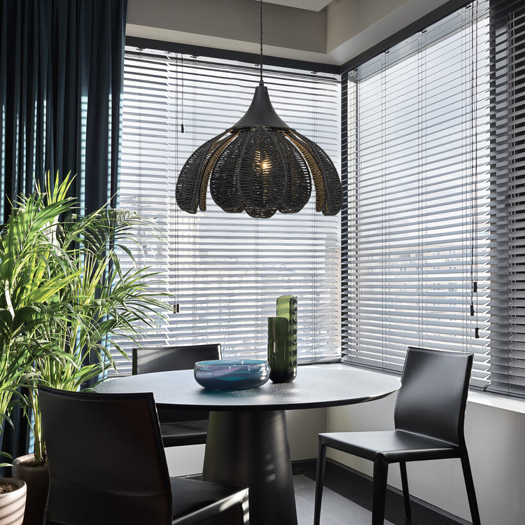 Kamala 1-Light Woven Floral Pendant, Modern Coastal Boho - Handwoven Matte Black