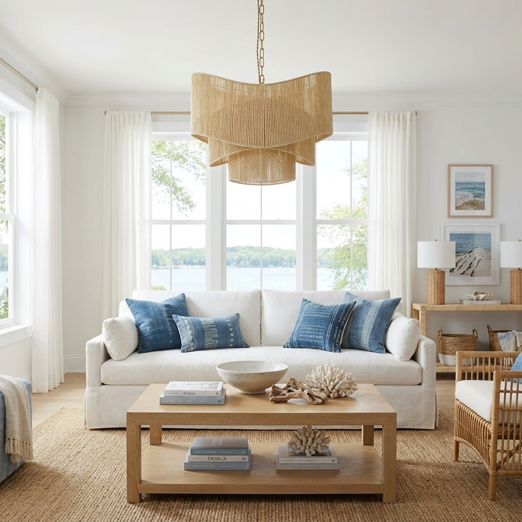 Sienna 3-Light Rattan Tiered Chandelier, Coastal Boho - Handwoven
