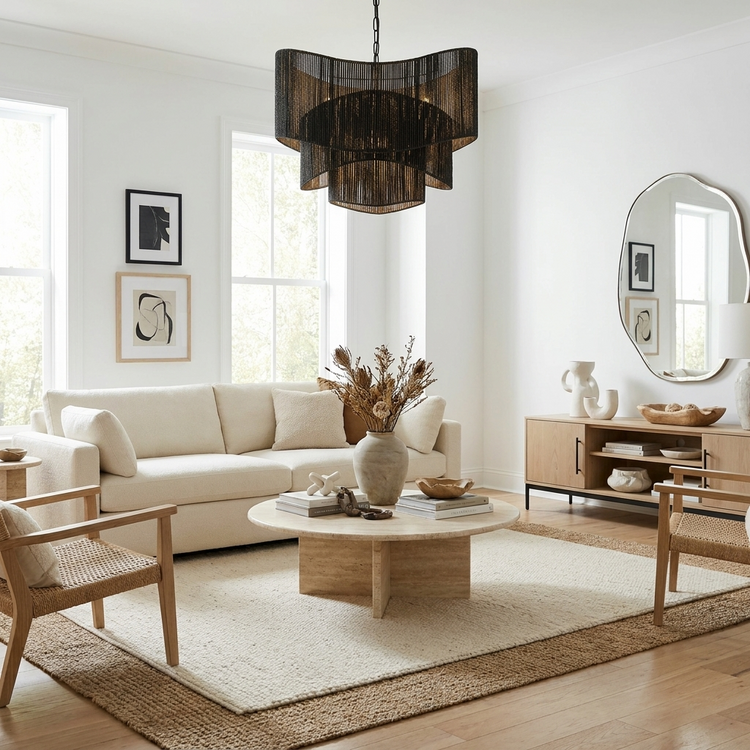 Sienna 3-Light Rattan Tiered Chandelier, Coastal Boho Handwoven Matte Black