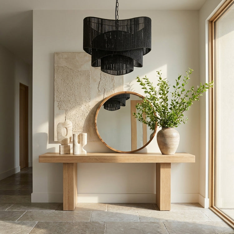 Sienna 3-Light Rattan Tiered Chandelier, Coastal Boho Handwoven Matte Black