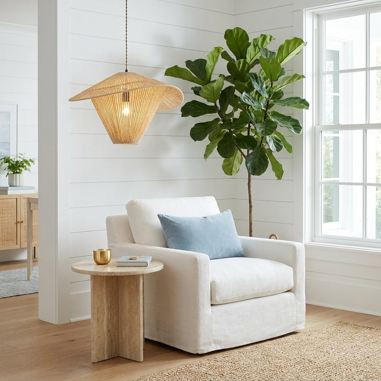 Elara Rattan Hat Pendant Light, Coastal Boho Handwoven Natural Fiber Shade