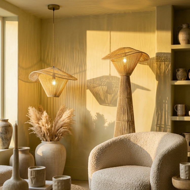 Elara Rattan Hat Pendant Light, Coastal Boho Handwoven Natural Fiber Shade