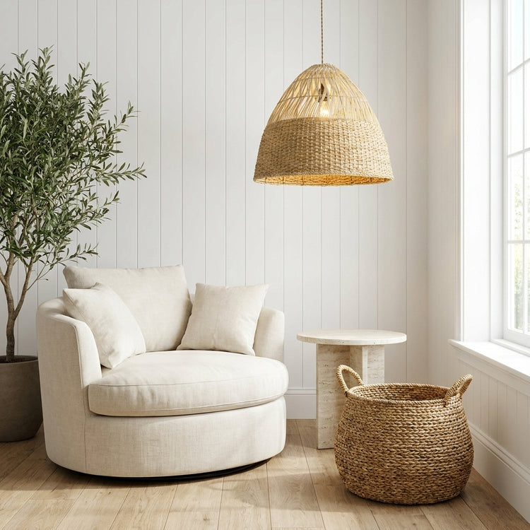 Willa Dome Rattan Pendant Light, Coastal Boho Handwoven Natural Shade
