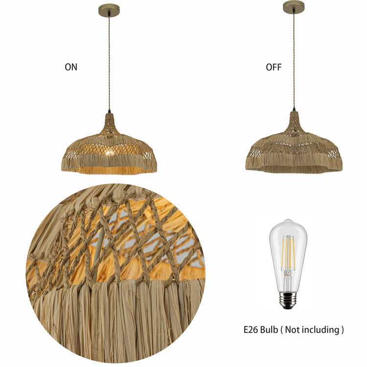 Aurelia Raffian Dome Pendant Light, Coastal Boho Handwoven Natural Fiber Shade