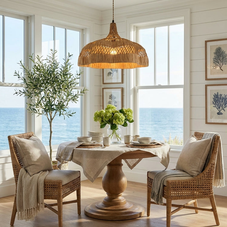 Aurelia Raffian Dome Pendant Light, Coastal Boho Handwoven Natural Fiber Shade