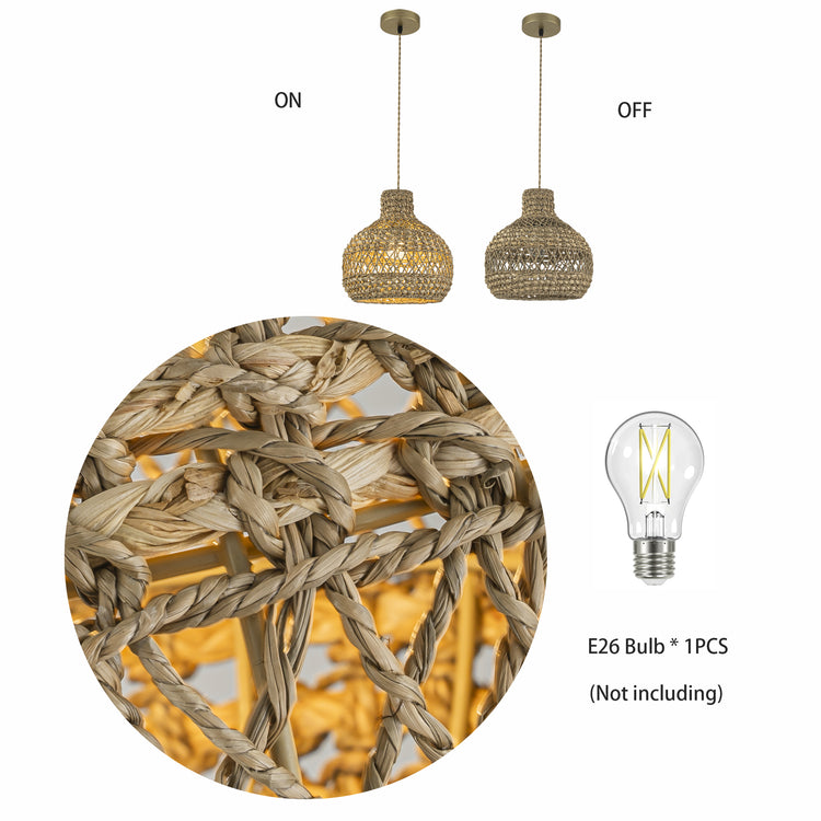 Homa Rattan Coastal Boho 12 in. Gold Dome Pendant Light