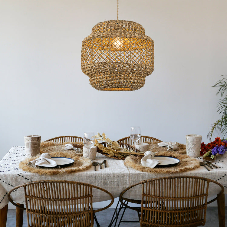 Homa Rattan Drum Pendant Light, Coastal Boho Handwoven Natural Shade