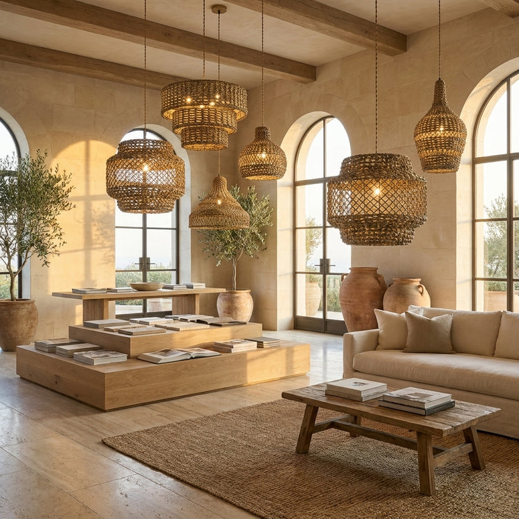 Homa Large Rattan Pendant Light, Coastal Boho Handwoven Statement Lighting