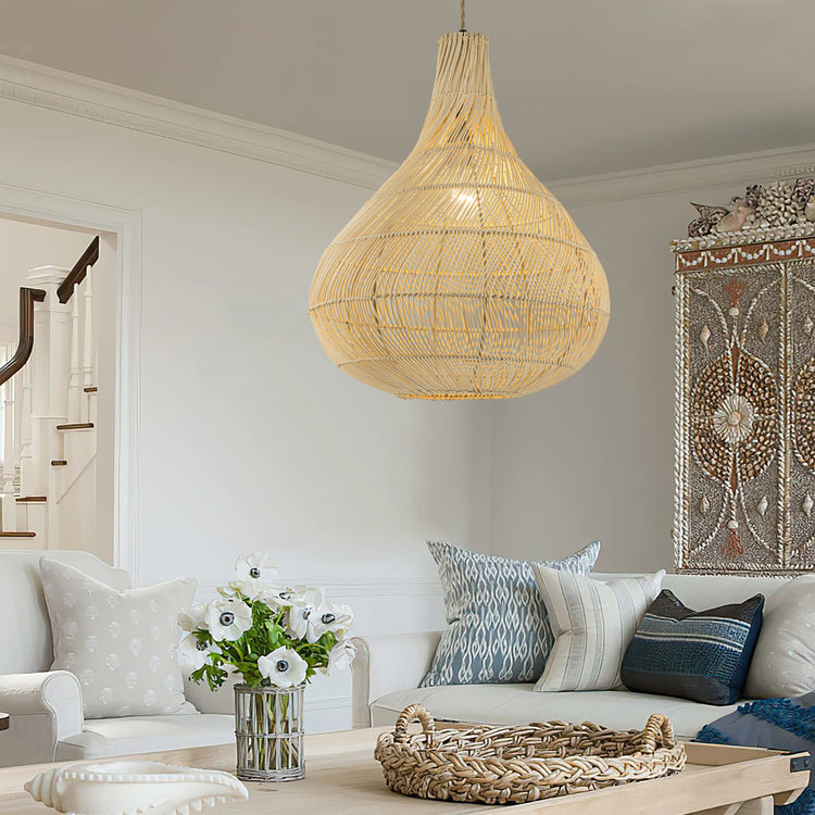 Roj Rattan Teardrop Pendant Light, Coastal Boho Handwoven Natural Shade