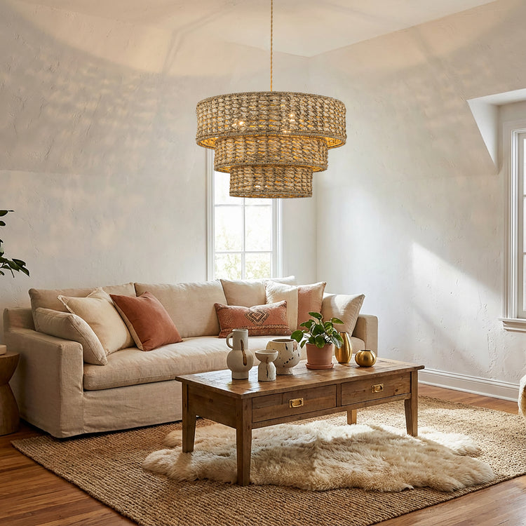 Aras 3-Light Rattan Coastal Boho 19 in. 3-Tier Gold Drum Pendant Light