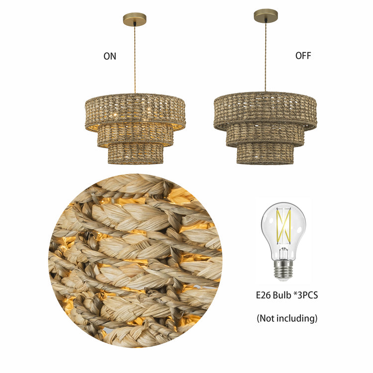 Aras Rattan Coastal Boho 19 in. 3-Tier Gold Drum Pendant Light
